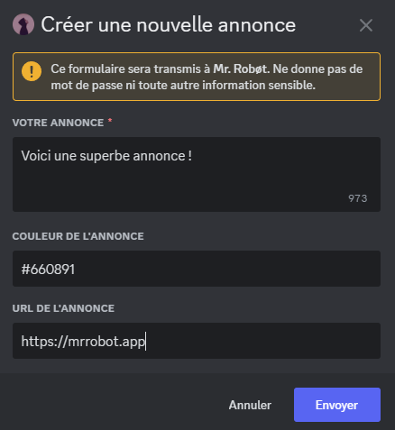 Formulaire rempli servant d'exemple depuis la commande /annonce sur le robot Discord Mr. Robot app